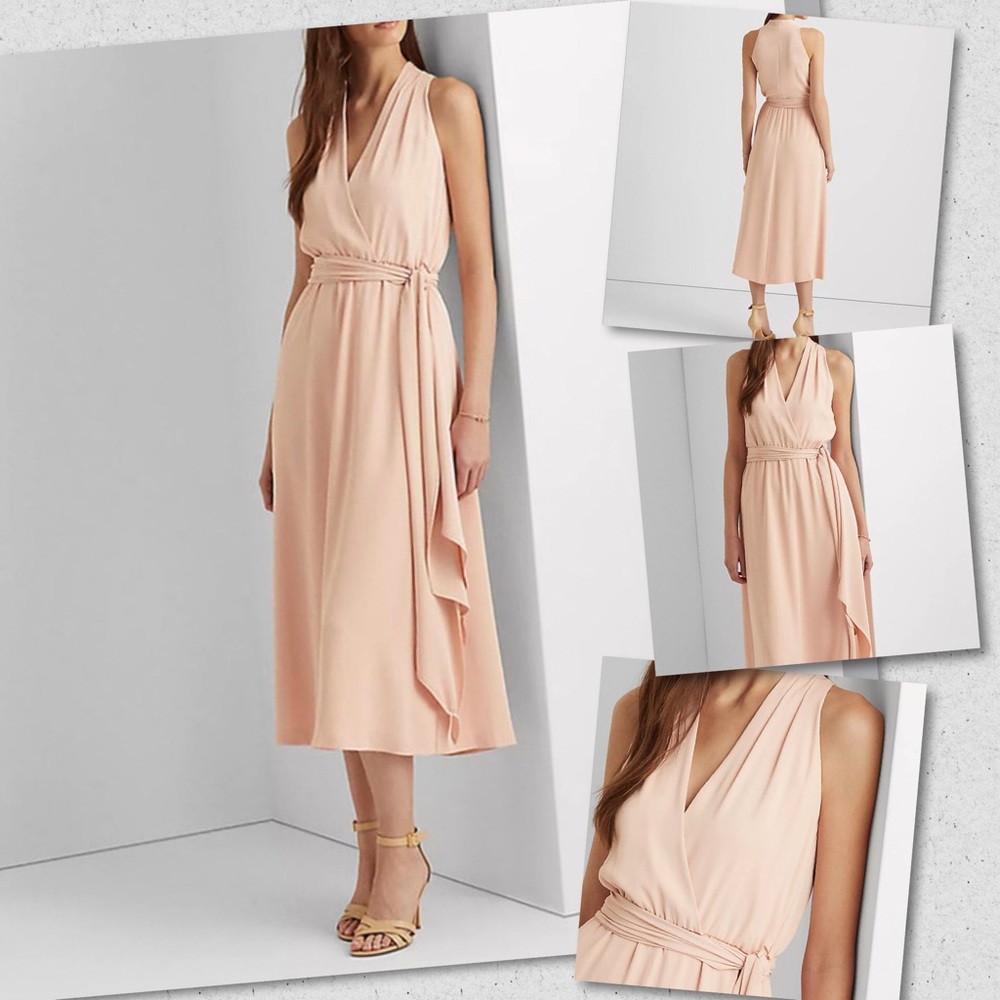 NWT Lauren Ralph Lauren Georgette Halter Dress, Pale Pink, Size 12